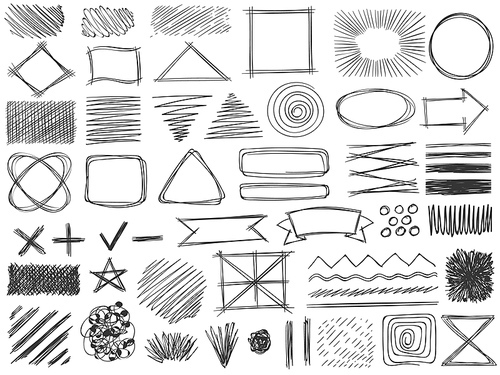 sketch shapes. monochrome scribble symbols, drawing pencil , stroke and shade, hatched shaded badge round and square shape vector set. doodle tick, plus and cross, star and arrow