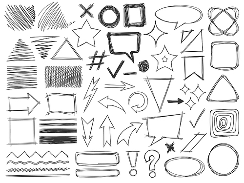 doodle shapes. drawings pencil monochrome textures strokes, arrows and s, borders and hatched badges round and square shape vector set. speech bubbles, direction, exclamation and question marks