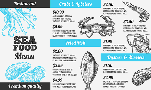 Seafood menu. Hand drawn marine fresh fishes, gourmet food design restaurant brochure, menu seafood invitation card vintage vector template. Premium quality crabs and lobsters, fish, oysters, mussels