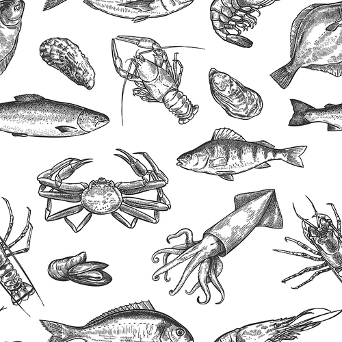 Seafood seamless pattern. Hand drawn lobster, crab, oyster and mussel, squid, shrimps and fishes sketch marine life  vector texture. Food and fishing sport concept. Design for cafe or restaurant