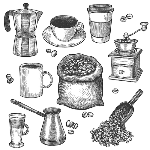 Sketch coffee. Coffee mill, kettle, sack with roasted beans, cezve. Latte and espresso cup hand drawn engraved vintage vector set for cafe, restaurant or coffee shop menu or advertisement