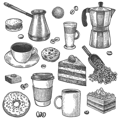 Coffee and desserts. Sketch coffee pot and maker. Cups, cake and cookies, muffins, donut. Pastries, sweet breakfast vintage vector set. Scoop and cezve for making drink, mugs for latte, espresso