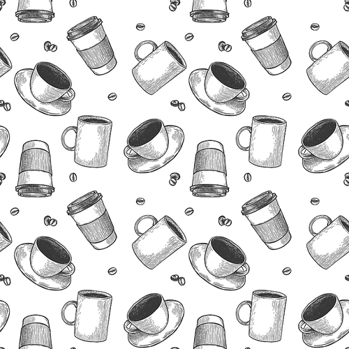 Coffee cup seamless pattern. Sketch tea and coffee cups, hot drinks various mugs black outline, cafeteria wallpaper engraving vector texture. Takeaway paper cups, design for coffee house