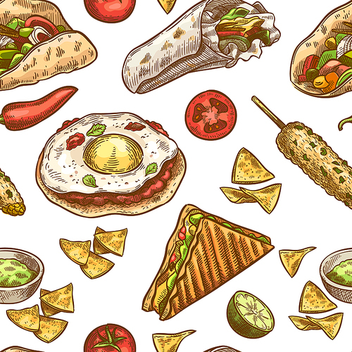 Mexican food seamless pattern. Spicy cuisine and dishes. Traditional mexican kitchen tacos, burritos and nachos sketch for wallpaper, cafe wrapping paper and textile vector texture.
