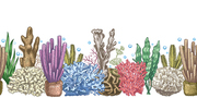 Seaweed seamless border. Sea reef weeds and corals, underwater ocean and aquarium life. Marine japanese, chinese style sketch vector frame. Illustration nautical coral reef, seaweed aquatic
