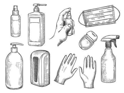 Sketch sanitizer bottle. Personal protective equipment. Medical mask, gloves, liquid soap and antibacterial spray. PPE hand drawn vector set. Illustration sanitizer bottle against virus