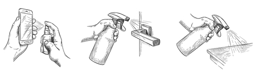 Surface cleaning sketch. Disinfect house surfaces and door handle with sanitizer sprays. Hands hold spray and clean phone screen, vector set. Sketch hygiene and prevention disinfection illustration