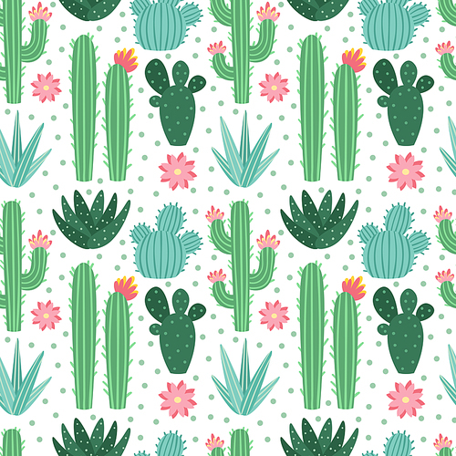 Seamless cactus pattern. Exotic desert cacti houseplants, repeating cactuses or succulent fabric doodle. Blooming garden cactus wrapping  or floral wallpaper flat vector background