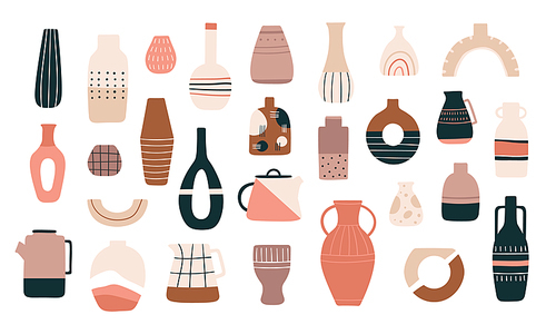 Scandinavian vases. Ceramic jugs, pots and teapots in minimalistic trendy style. Decorative pitcher, antique pottery cup and vase vector set. Illustration traditional pitcher, vase ceramic and pottery