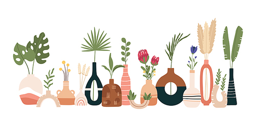 Ceramic vase poster. Scandinavian art with vases, pots and jugs. Handmade pottery kitchen banner. Minimal modern flat vector . Scandinavian ceramic vase, floral decoration blossom illustration