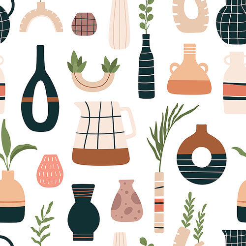 Vase seamless pattern. Ceramic vases, jugs and jars with tropical leaves in modern scandinavian. Beautiful floral pottery vector. Illustration scandinavian pattern seamless, bloom floral in pottery
