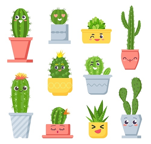 Cute cactus with faces. Cartoon succulent pot plants characters with emoji. Smiling tropical cacti funny face in flowerpots vector set. Houseplant and flowerpot, botanical cacti exotic illustration