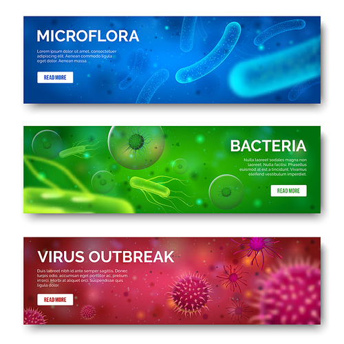 Microbiology 3d background. Viruses, infection microflora and bacteria for banners. Virus bacterium ebola cell science isolated green red blue banner set illustration