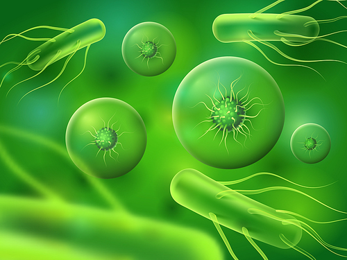 Realistic bacteria and cells. Green microscopic biology viruses or micro nature organisms. Abstract microorganism biological cell realistic ebola and influenza virus 3D background vector concept