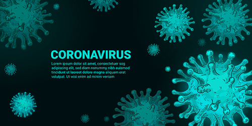 Virus concept. Covid-19, coronavirus infection germs. Pandemia 2020 monochrome vector sketch healthcare for banners and posters. Germ green bacterial coronavirus, infection epidemic illustration