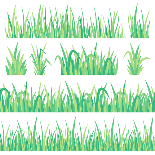 Green grass. Field herb, fresh garden meadow tuft turf and grass seamless banner. Lawn field turf green, hedge garden herbs grass. Lush foliage gardening isolated vector icons set