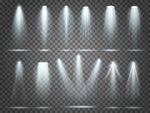 Beam of floodlight, space illuminators lights effects, stage illumination spotlight. Night club party floodlights on scene and white spotlights lighting interior vector realistic 3d set