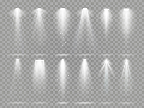 Bright lighting projector beams on theater stage. Rays of studio floodlights, white spotlight light and floodlight lights inside theater studio vector set collection on checkered background