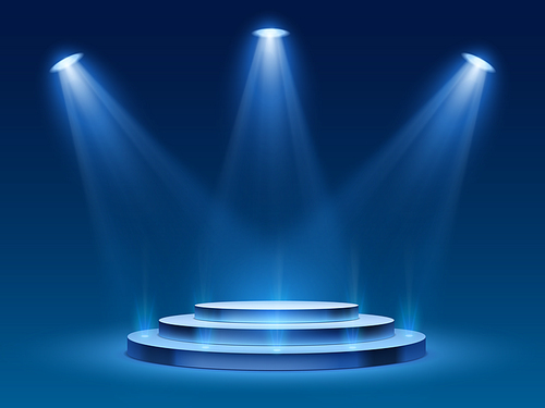 Scene podium with blue light. Stage platform with lighting for award ceremony, illuminated pedestal for presentation shows, vector image. Platform with steps and floodlight, searchlight with projector