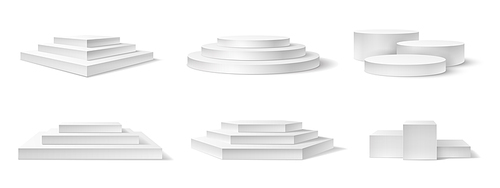 Realistic podium. White 3d empty podiums, pedestal and platform different shapes for award ceremony, concert advertising product vector set. Square, round white stage with stairs for top
