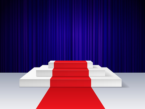 Red carpet to podium. Realistic empty pedestal for award ceremony with illumination, platform for show, cinema presentation vector concept. Dark curtains on background, night event