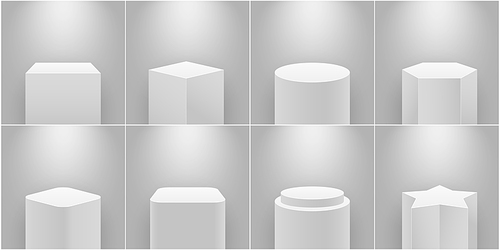 Museum stage. Empty product pedestal, white column. Platform for exhibition, expo podium and spotlight 3d realistic isolated vector set. Gallery geometric stands of different shape for exhibits