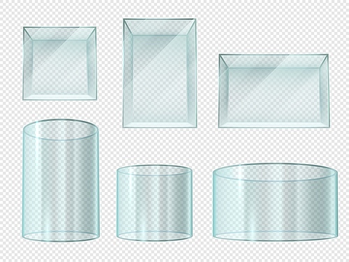 Glass box. Transparent crystal cube and cylinder empty showcases. Museum stand, expo prism pedestal isolated realistic 3d vector set. Illustration cube and cylinder glass, crystal box transparent