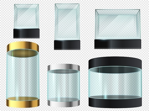 Glass showcase. Cylinder and cube empty transparent museum podiums, product 3d display, exhibit security capsule with platform vector set isolated on transparent. Display box for gallery