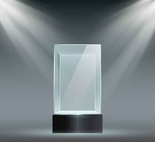 Glass showcase. Transparent plastic cube, empty product or museum display in block shape with spotlights. Prism stand for exhibit vector set. Illustration prism in spotlight, display showcase