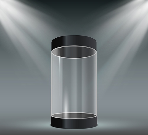 Glass cylinder showcase. Transparent plastic case, empty product or museum display with spotlights. Exhibition stand for exhibit vector. Capsule with illumination. Safety container