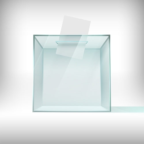 Ballot box. Glass transparent voting container with falling ballot paper. Survey plastic case, usa 2020 president election 3d vector concept. Container for poll, transparent glass box illustration