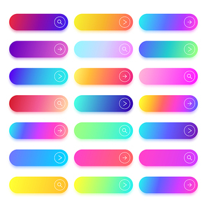 Next page, continue, search, browse, read more or transition colorful button template. Flat action gradient buttons with text space. Web ui vector set