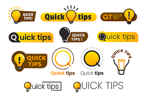 Logo quick tips. Yellow lightbulb icon with quicks tip text. Lamp of advice idea quickly solutions advices trick mark, helpful suggestions vector banner isolated sign set