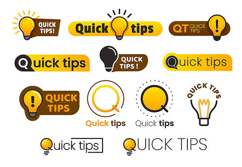 Logo quick tips. Yellow lightbulb icon with quicks tip text. Lamp of advice idea quickly solutions advices trick mark, helpful suggestions vector banner isolated sign set