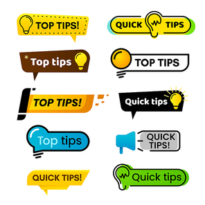 Quick tips. Idea suggestion, tricks solutions advice and best solution tip, quickly solutions trick helpful advices suggestion bubbles isolated vector banner isolated sign set