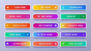 Colorful gradients buttons. Vivid web button with icon or arrow, sign in and subscribe icons. Ui action gradient download, donate and watch or start now isolated vector symbols set