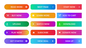 Gradient buttons. Rectangular next page button, read more and add to cart icon colorful gradients web icons. Actions ui sign up, download and get started isolated vector symbols set