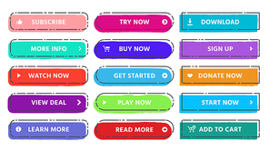 Call to action button. Read more, subscribe and buy now web buttons with vivid colors and grunge textures. Website action button view deal, get started and learn more flat isolated vector set