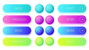 Gradient buttons. Next and back button, colorful prev and more buttons vector set. Prev and next arrow, previous or more icon colored button illustration