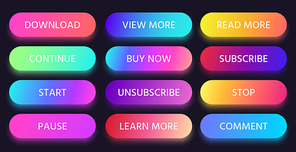 Colorful gradient button. Read, view and learn more buttons. Buy now, subscribe and color comment buttons vector set. Round bullet points as pause, continue, download for website or game