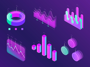 Business statistic digital infographic charts. Modern isometric info graph. Perfection percent cyan and purple diagram statistic column panel for website isometric concept 3d on dark purple background