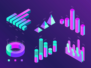 Modern isometric business infographic. Colorful purple and cyan percentage info charts, statistics columns and diagrams. Website data 3d presentation statistic chart concept vector set illustration