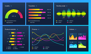 Infographic dashboard. Finance data analytic charts, trade statistic graph and modern business chart column. Analytics infographics ui stats graph futuristic diagram vector concept