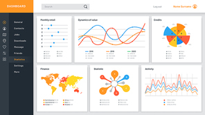 Graphs dashboard. Infographic data chart, web site admin panel and finance charts. Website analytical data diagram dashboard interface vector template