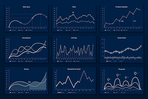 Data graphic charts. Maths coordinates graph, growth chart graphics and business infographic graphs. Data research chart, statistics graphics or diagram visualization bar vector illustration set