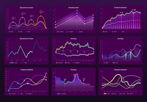 Abstract data charts. Statistic graphs, finance line chart and marketing histogram graph infographic. Financial holographic display, futuristic neon charts or infographic reports bars vector set