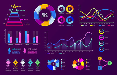 Infographic chart graphics. Diagram charts, data analysis graphs and statistics percentage charts. Business presentation infographic, marketing flowchart graphic vector illustration set
