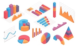 Isometric infographic charts. Graph, circle diagram, pie chart and columns timeline. Business statistic and analytic vector set. Isometric infographic and diagram, 3d graphic and chart illustration