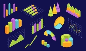Isometric graphs. Statistic charts for business. 3d infographic diagram and graphic wave. Economy analysis web interface elements vector set. 3d business analysis, statistic infographic visualization
