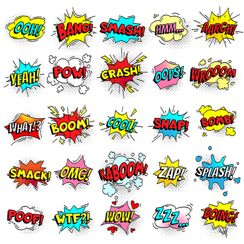 Exclamation texting comic signs on speech bubbles. Cartoon crash, pow, bomb, wham, oops and cool comic sign set. Funny comics words vector collection